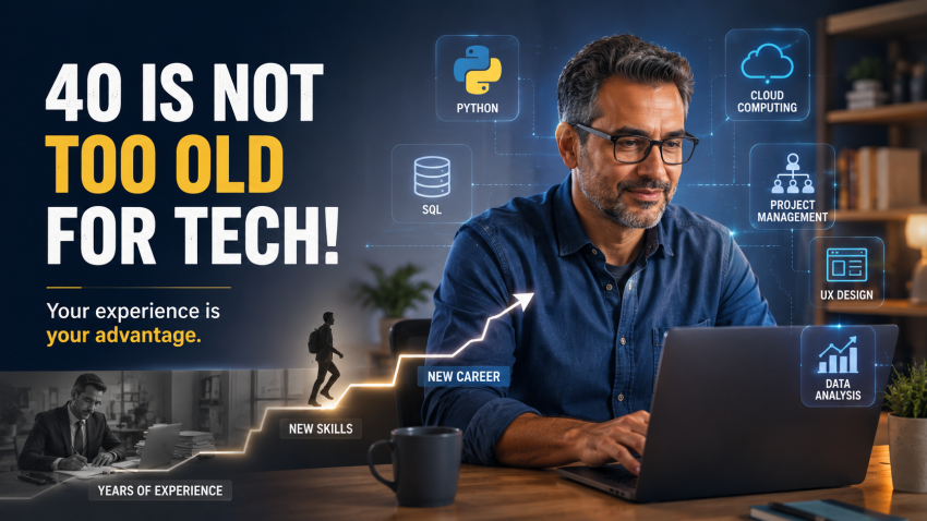 Professional at 40 learning technology skills on a laptop while transitioning into a new tech career.